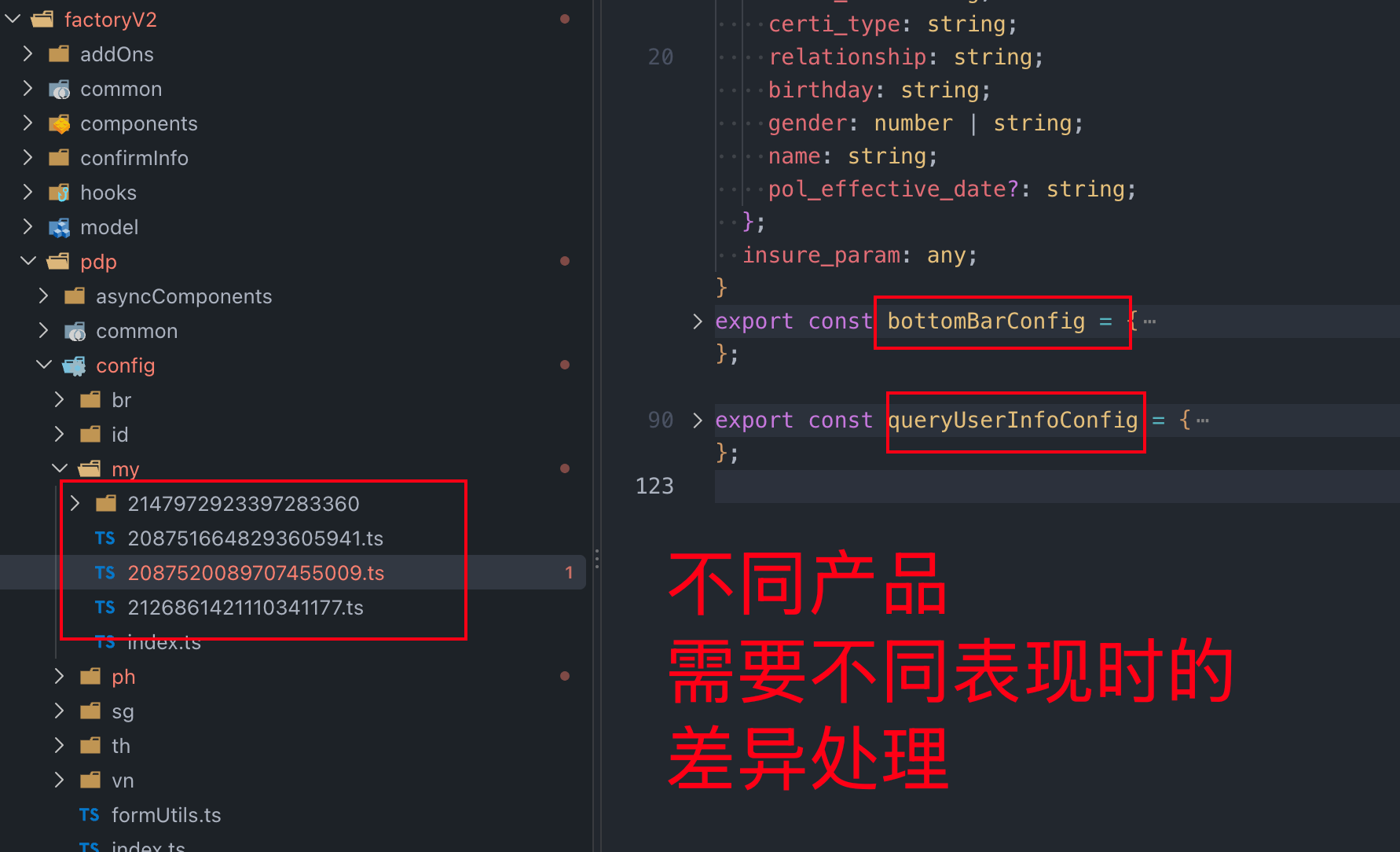 MY PDP 按产品 ID 组织差异配置，并提供 bottomBarConfig 与 queryUserInfoConfig 的代码截图