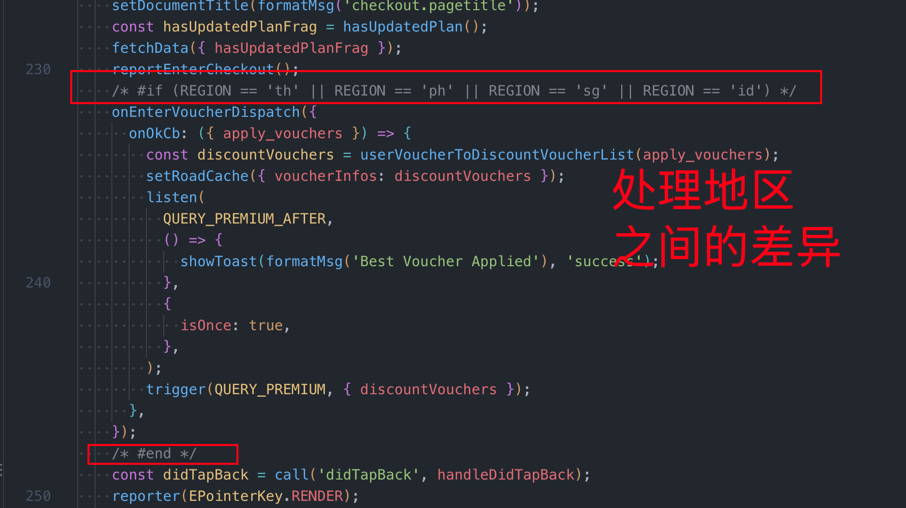 Checkout 中按 REGION 条件编译优惠券入口逻辑的代码截图