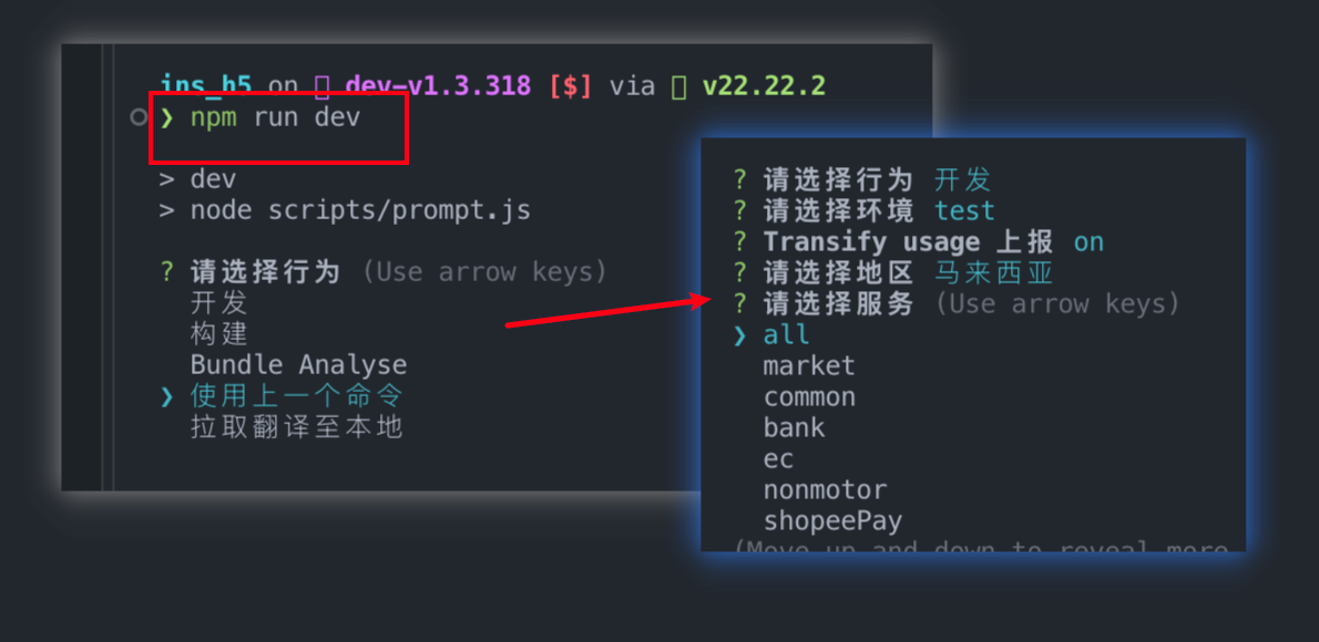 npm run dev 交互式选择开发环境、Transify usage 上报和服务